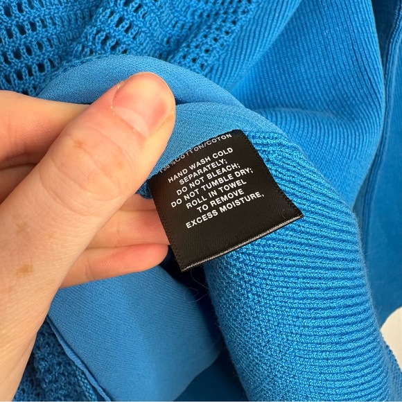 NWT Lafayette 148 New York MSRP $368 Cerulean Blue Sweater Open Crochet Large - Picture 9 of 11